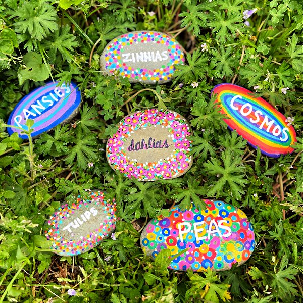 Colorful painted rock plant markers
